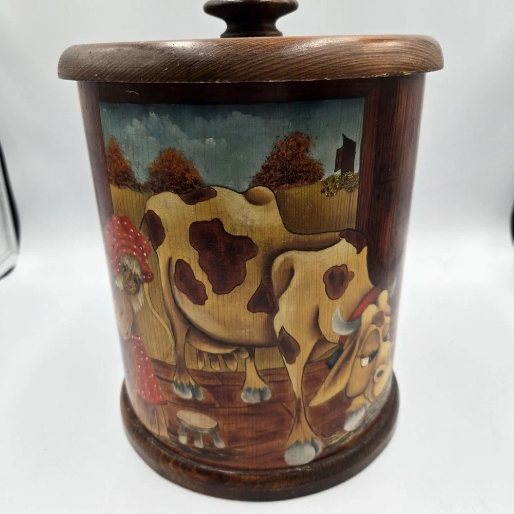 Vintage Mel's Wood Specialties Bucket Hand Painted Milk Cow Cottagecore Country‎